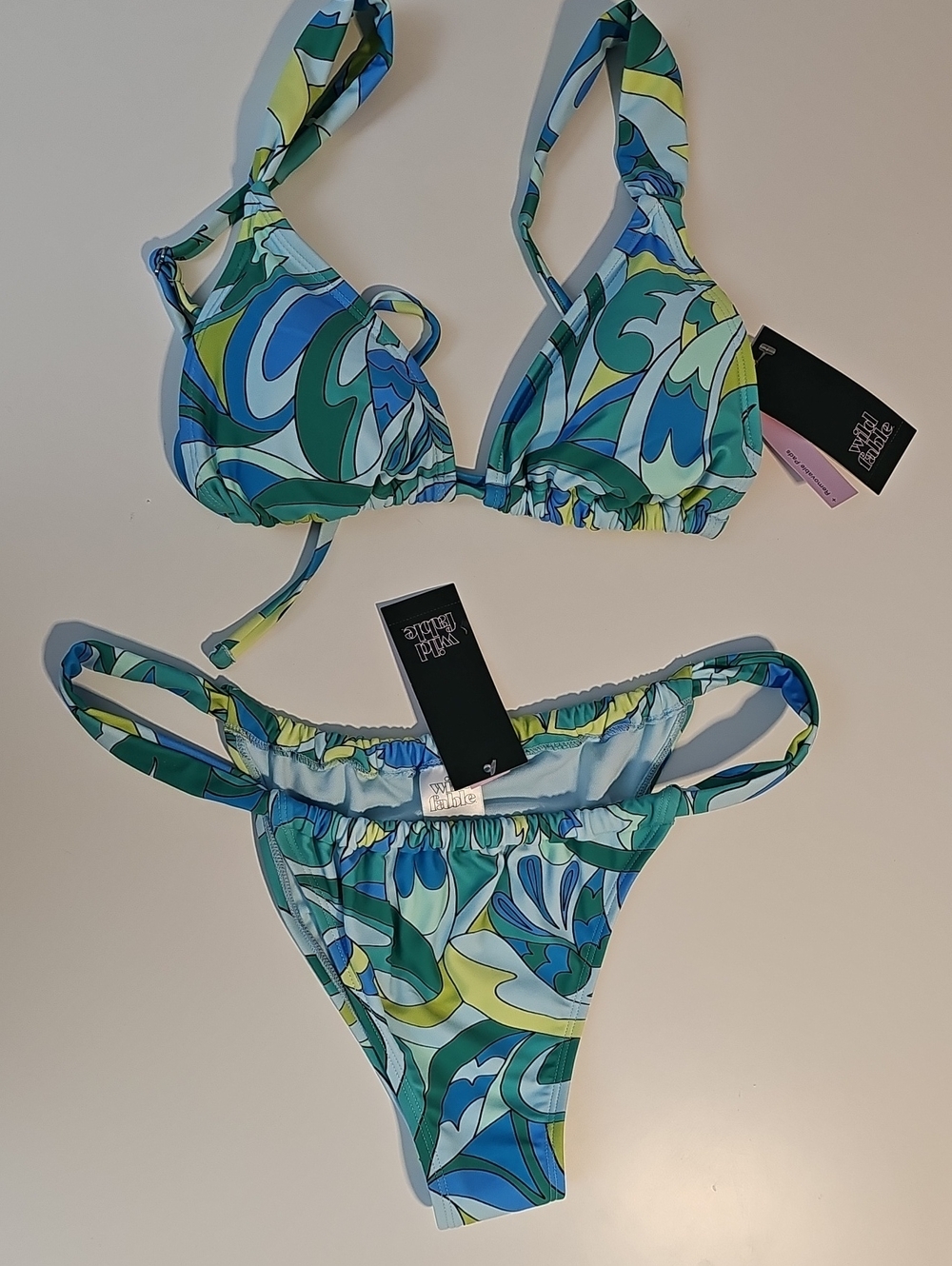 Wild Fable Women's M Teal Abstract Bikini Set - Triangle Top & Adj Covg Bottom